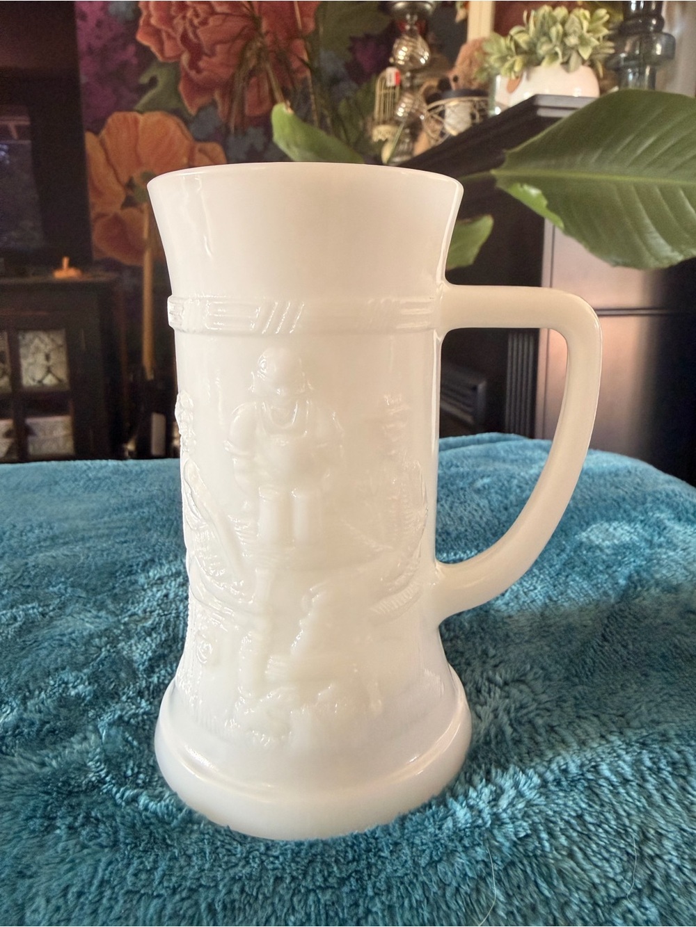 White Decorative Federal Milk Glass Tankard Beer Stein - Classic Relief Design